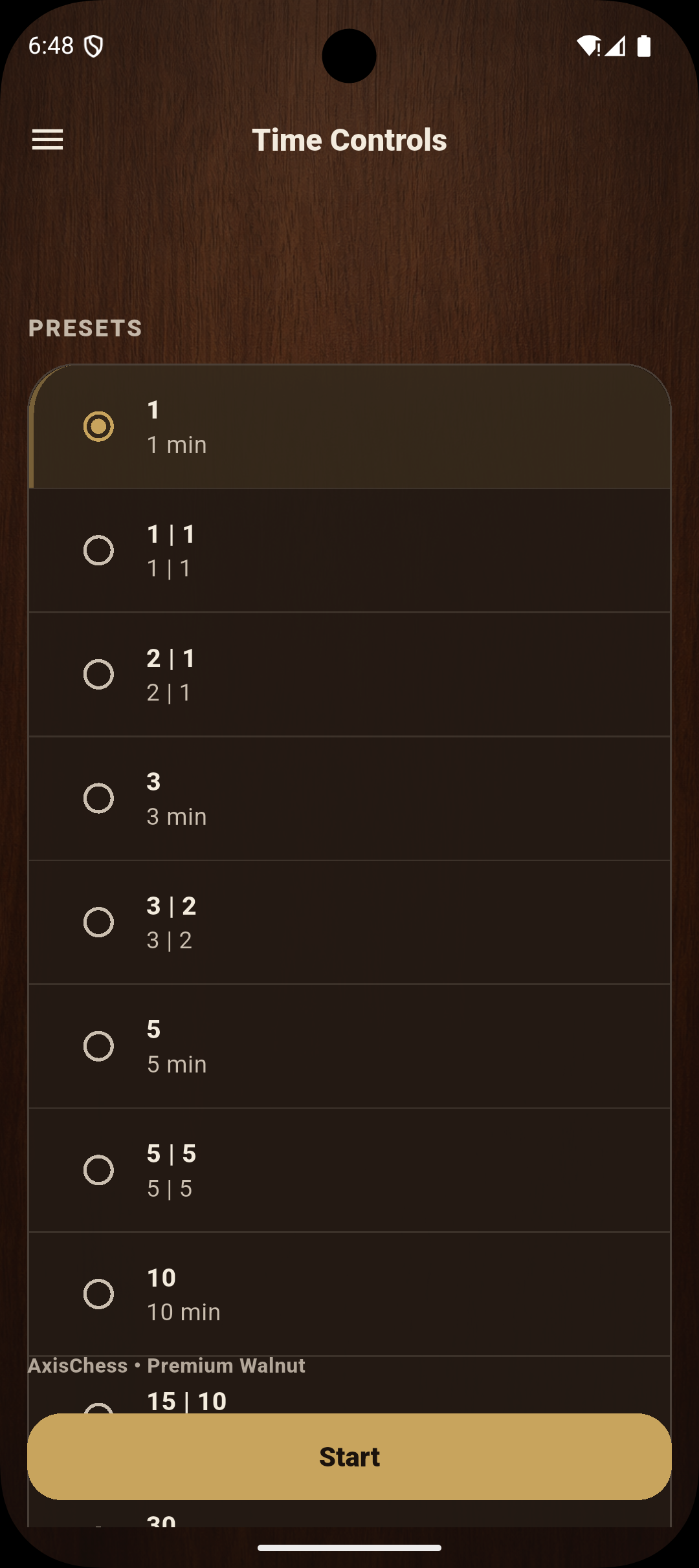 Chess Clock main screen