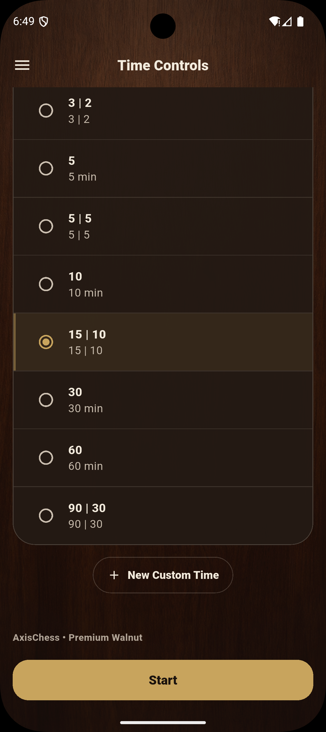 Time controls preset list